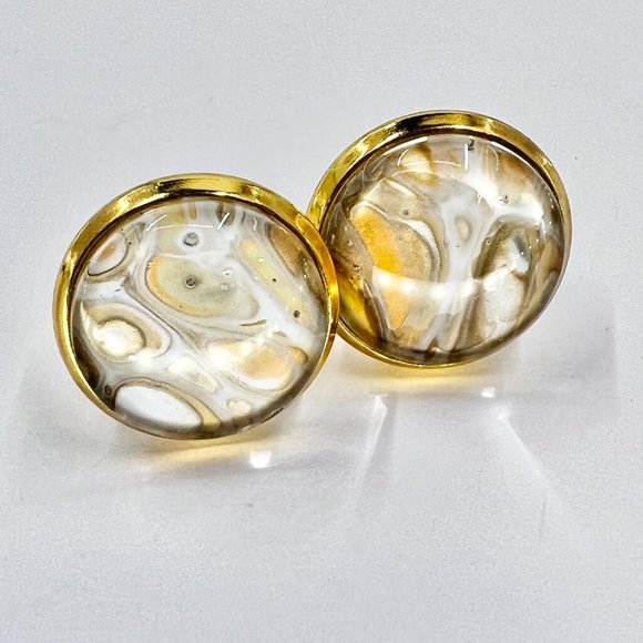 New / Handcrafted - Gold, Cream & Orange Shiny Gold Tone 12mm Stud Earrings - Picture 7 of 7